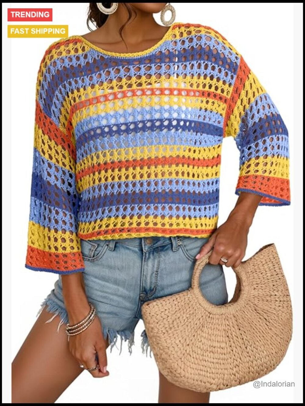 3/4 Sleeve Crochet Hollow Out Color Block Striped Pullover Sweater Beach Cover
